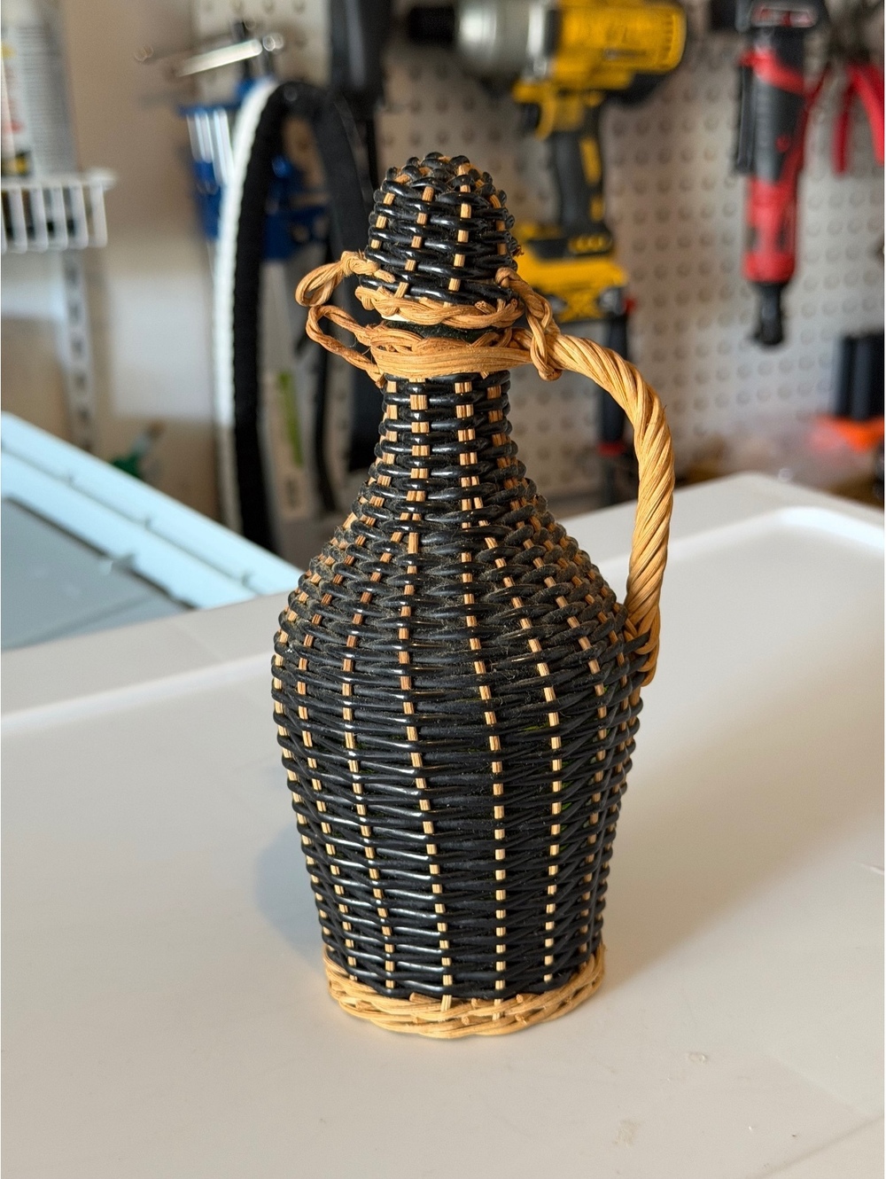 Vintage Woven Wicker Covered Glass Bottle with Handle and Stopper